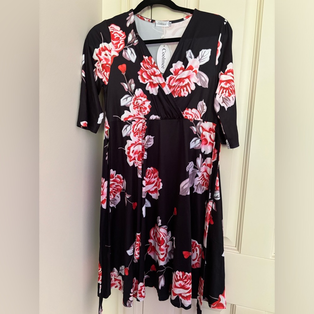 NEW with tags! Coolmee Maternity Dress - size Small - Black with red flowers